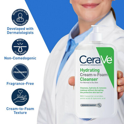 Cerave Hydrating Cream-to-Foam Face Wash for Balanced to Dry Skin - 8oz