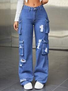 Pantalon Cargo Mujer Azul Oscuro Con Bolsillos