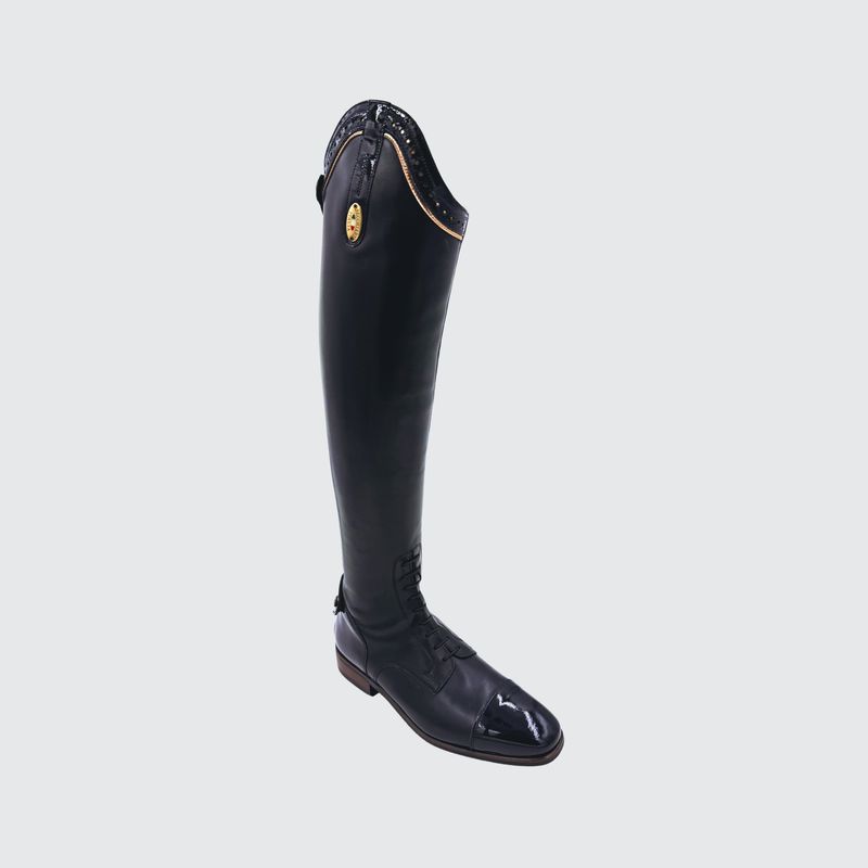 Custom Boots Navy Calf Skin with Patent Top, Heel and Toe and Rose Gold Trim