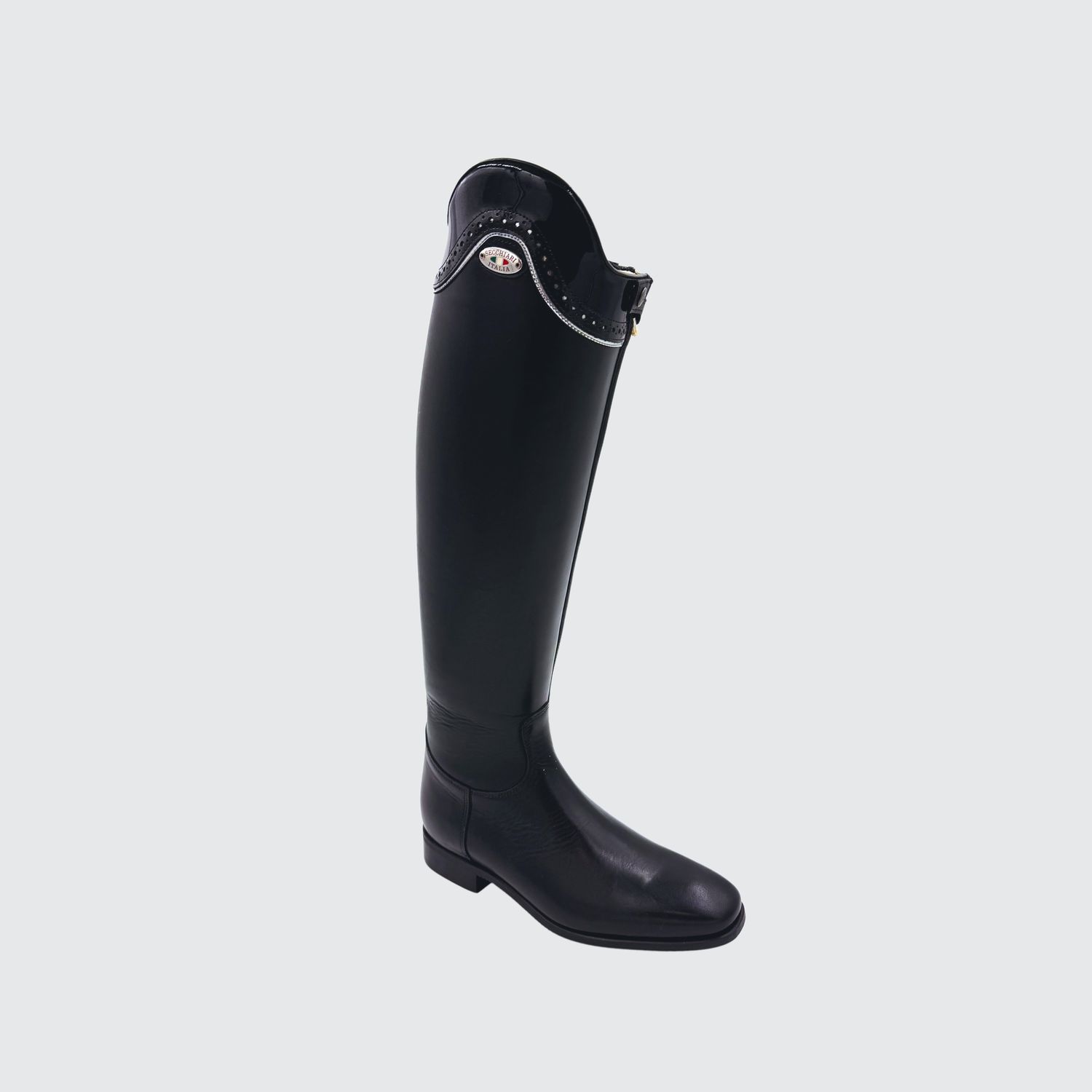 Custom Dressage Boots Black Patent Top with Silver Piping Detail