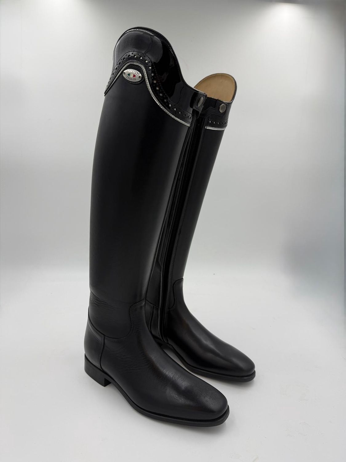Ex Demo Custom Dressage Boots Black Patent Top with Silver Piping Detail 38/H3/M