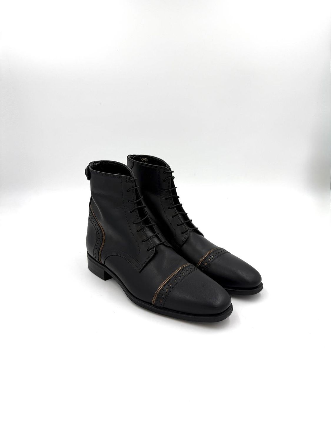 Custom ankle boot model 017 black with gold piping and punch detail size 38