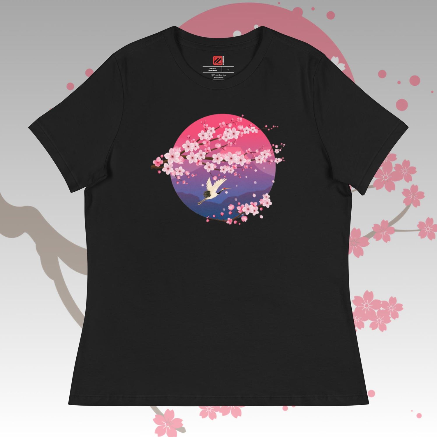Women&#39;s &quot;Crane Over Sakura&quot; Relaxed Fit T-Shirt
