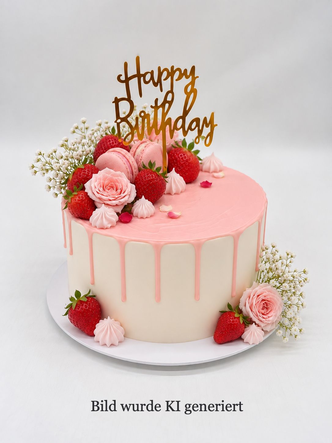 Torte mit Drip,  2 Macarons, Blumen und Früchten