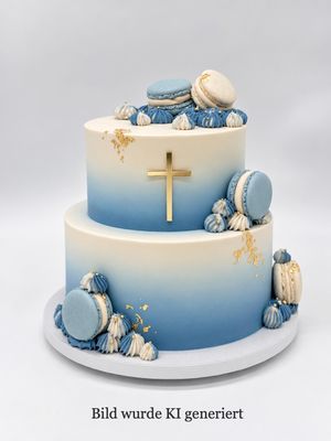 Torte mit Farbverlauf, Tuffs, Macarons, Kreuz und Blattgold zweistöckig