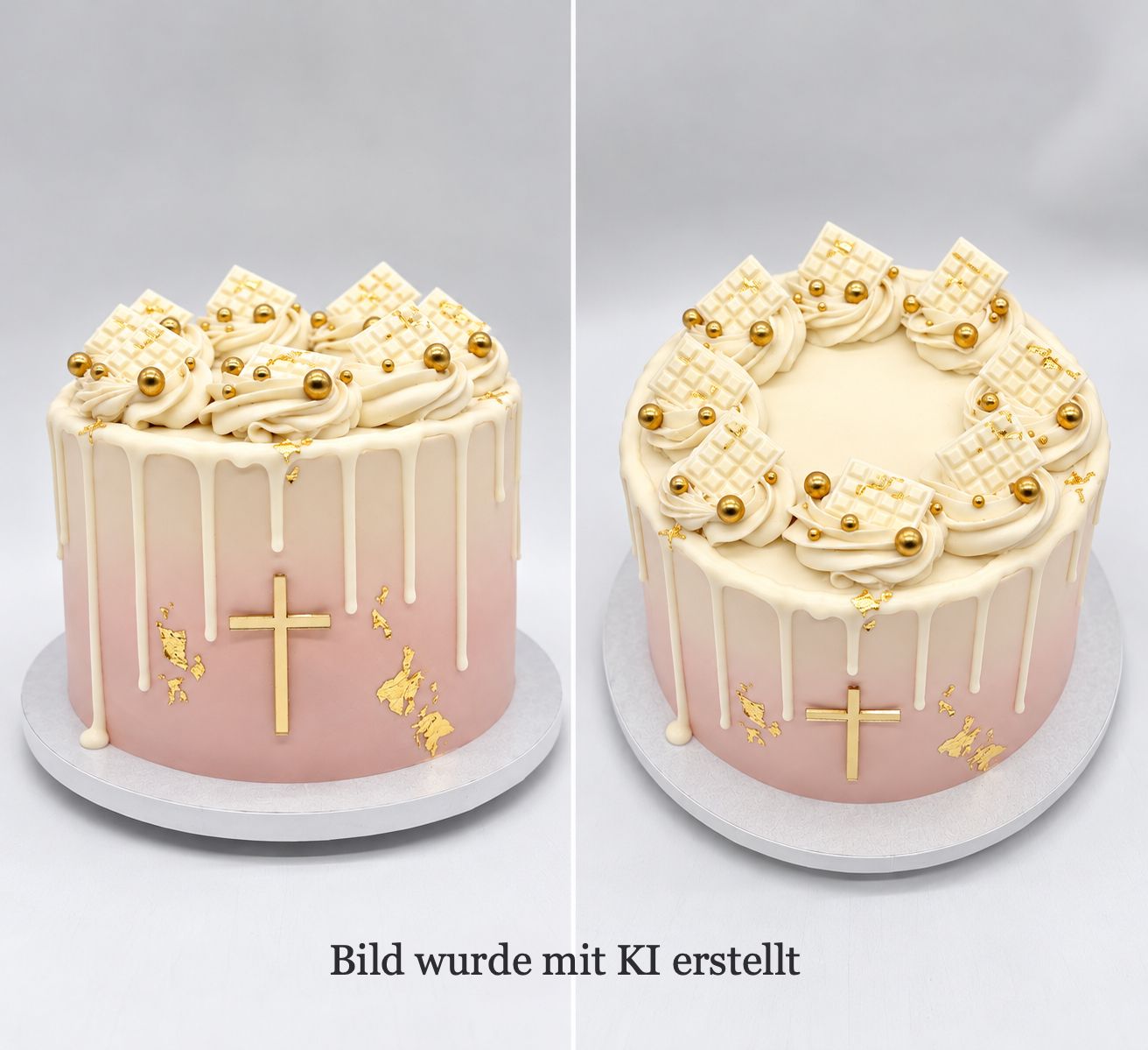 Torte mit Farbverlauf, Drip, Cremetuffs, Blattgold, Kreuz und Schokoladendekoration