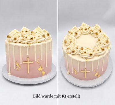 Torte mit Farbverlauf, Drip, Cremetuffs, Blattgold, Kreuz und Schokoladendekoration