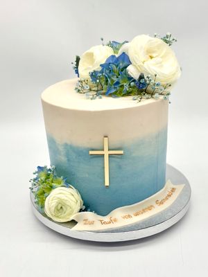 Torte mit Farbverlauf, Drip, echten Blumen, Kreuz und Banderole