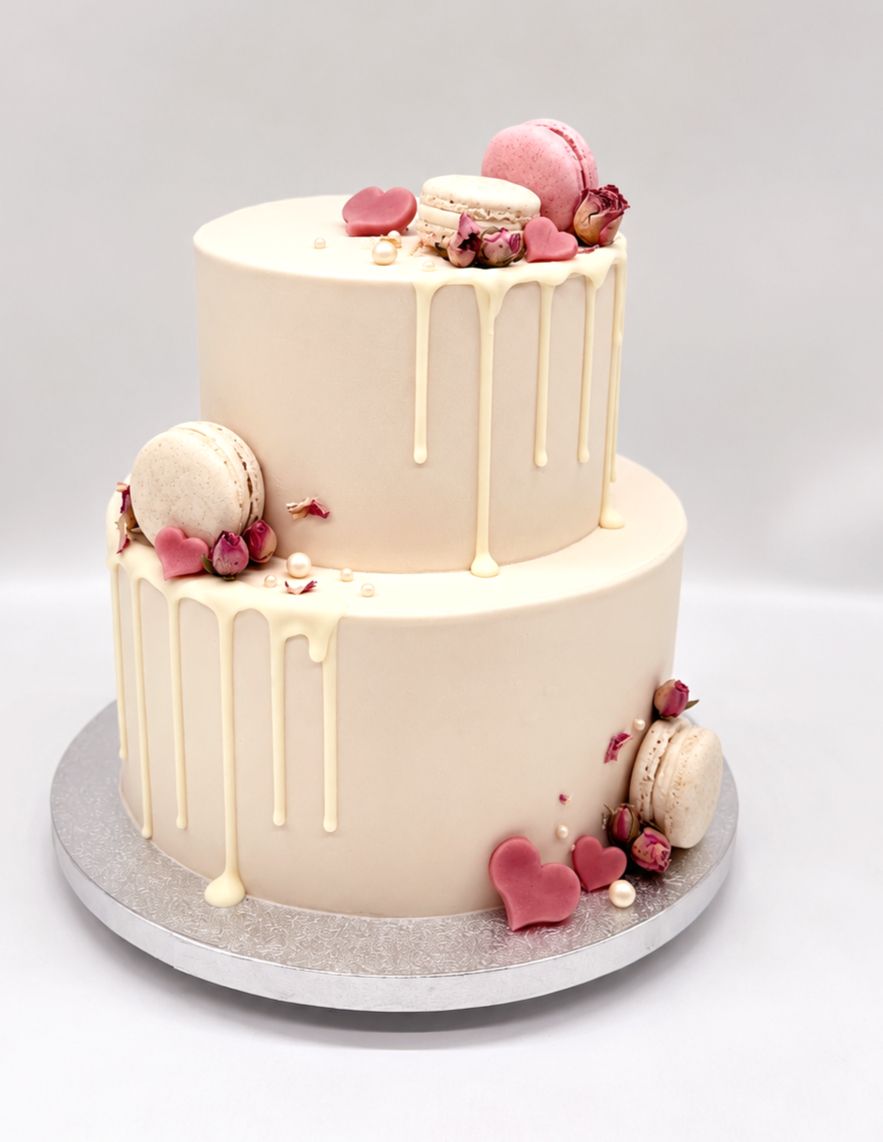 Torte mit akzentuiertem Drip, Macarons und essbaren Rosenblüten zweistöckig