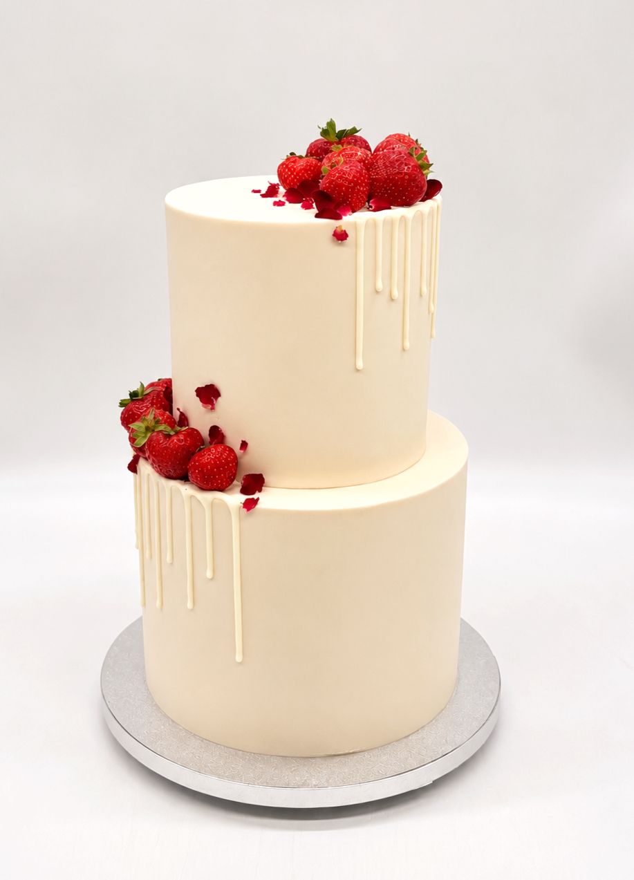 Torte mit akzentuiertem Drip, Früchten und essbaren Rosenblüten zweistöckig