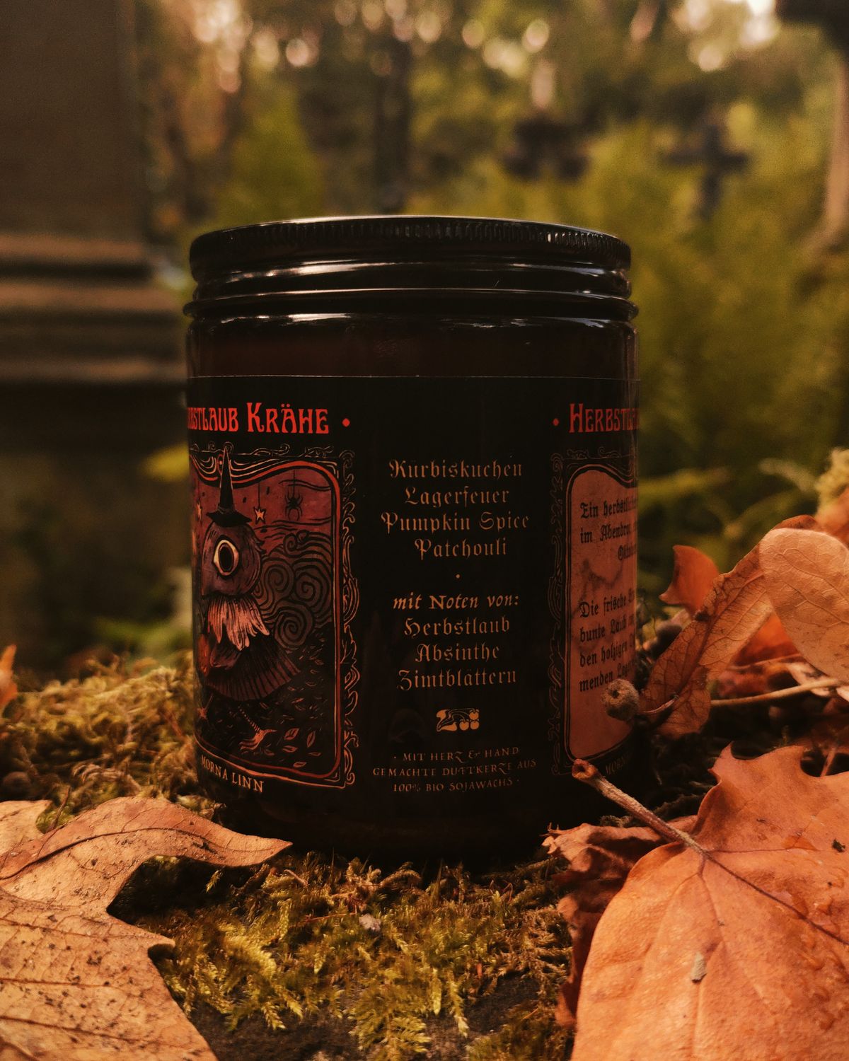 Herbstlaub Krähe ✷ Duftkerze im Glas 250 ml
