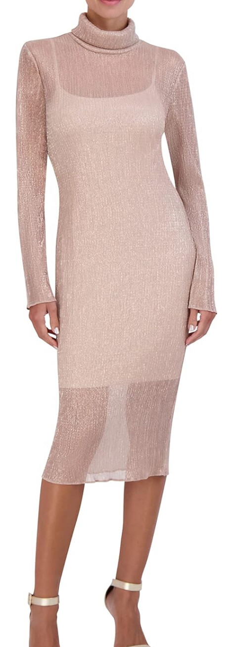 BCBGMAXAZRIA Women&#39;s Fitted Bodycon Midi Dress Long Sleeve Mock Neck Pleated Glitter Mesh