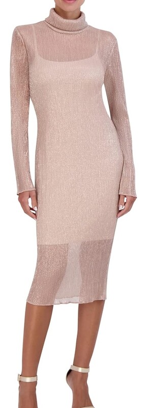 BCBGMAXAZRIA Women&#39;s Fitted Bodycon Midi Dress Long Sleeve Mock Neck Pleated Glitter Mesh
