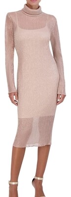 BCBGMAXAZRIA Women&#39;s Fitted Bodycon Midi Dress Long Sleeve Mock Neck Pleated Glitter Mesh