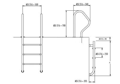 Flexinox Barandillas Superior para Escalera Partida para piscina INOX AISI 316L