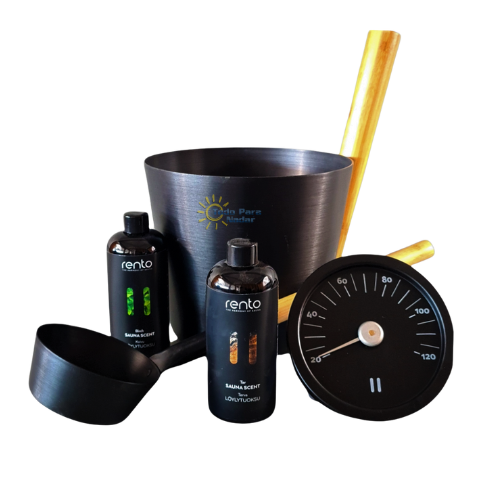 Rento ​Set Regalo para Sauna: Cubo negro con asa de bambú + termómetro + 2 Fragancias