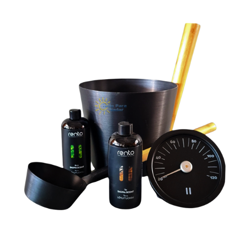 Rento ​Set Regalo para Sauna: Cubo negro con asa de bambú + termómetro + 2 Fragancias