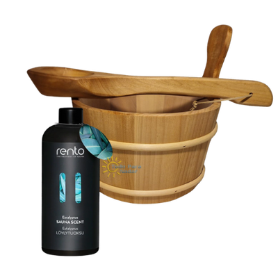 ​Rento Cubo de madera para sauna, cucharón y 400 ml de esencia de eucalipto - Oscuro