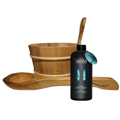 ​Rento Cubo de madera para sauna, cucharón y 400 ml de esencia de eucalipto - Oscuro