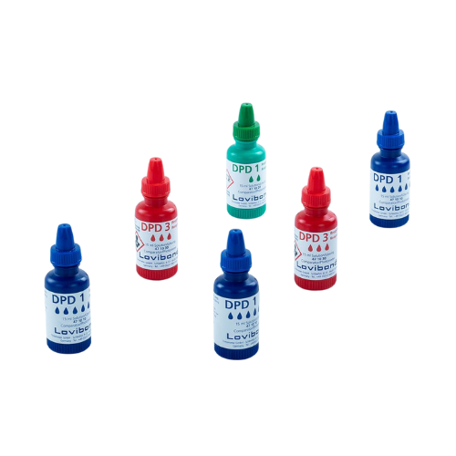 Lovibond Kit juego reactivos para DPD x3 Frasco Azul + x2 Frasco Rojo + x1 Frasco Verde