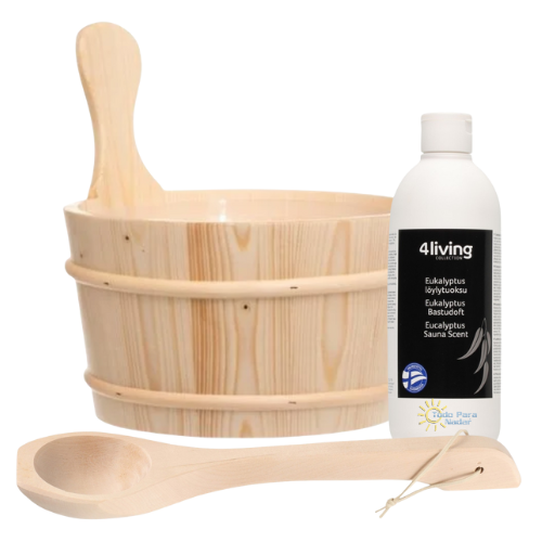 4Living Set Cubo, cucharón y 500 ml de esencia de eucalipto para Sauna