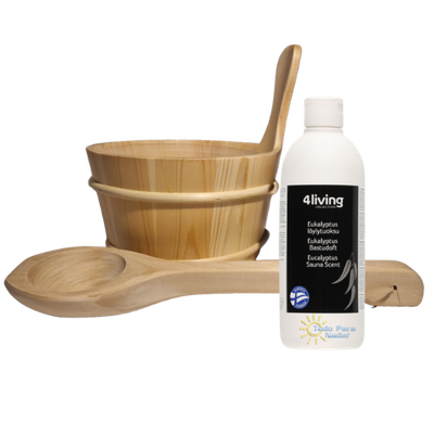 4Living Set Cubo, cucharón y 500 ml de esencia de eucalipto para Sauna