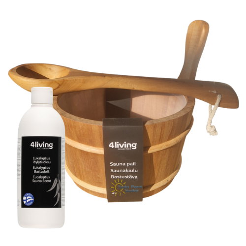 4Living Set Cubo, cucharón y 500 ml de esencia de eucalipto para Sauna