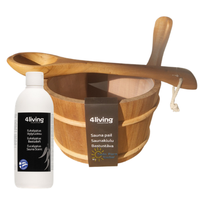 4Living Set Cubo, cucharón y 500 ml de esencia de eucalipto para Sauna