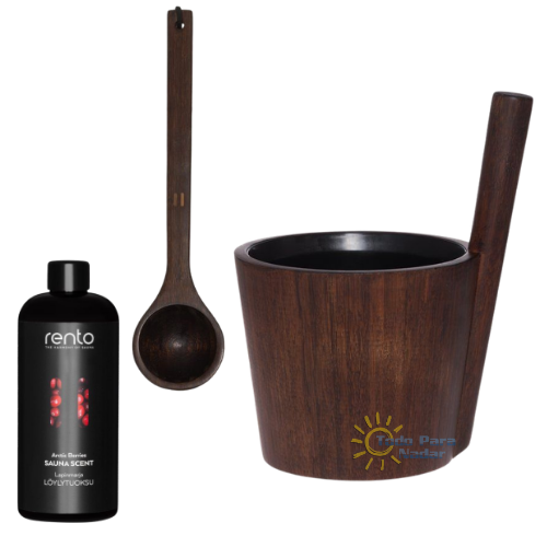Rento Set de Bambú para sauna: cubo + cucharón + fragancia, color marrón oscuro.