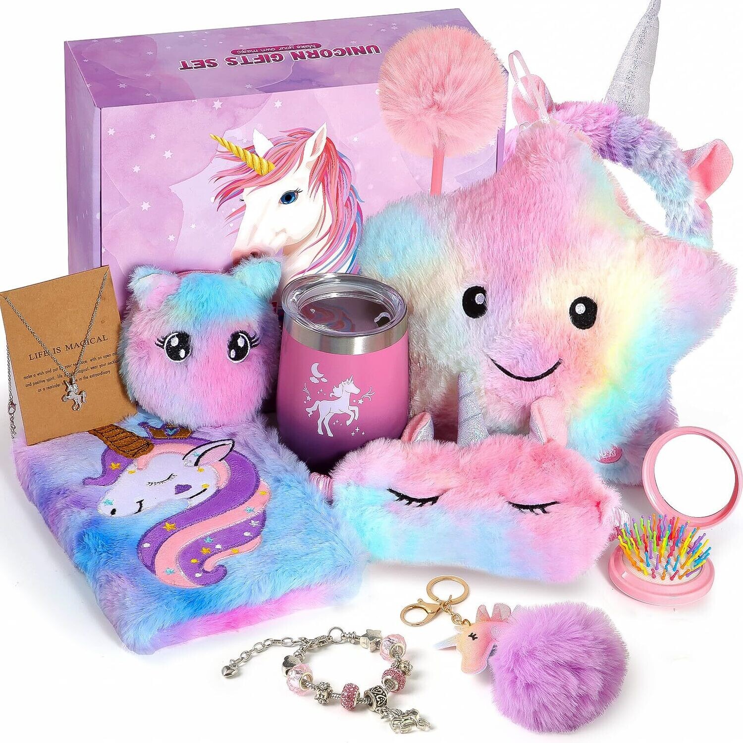 Unicorns Gifts for Girls, Kids Unicorn Toy Set with Light Up Star Pillow Water Bottle Plush Diary Birthday Gifts