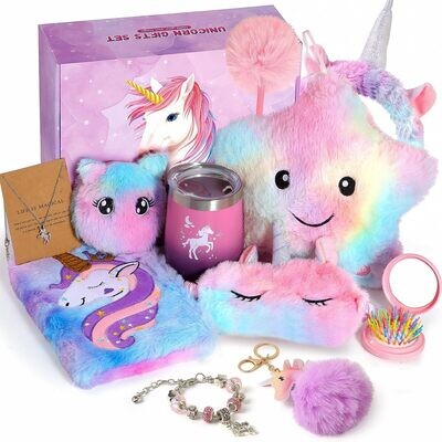 Unicorns Gifts for Girls, Kids Unicorn Toy Set with Light Up Star Pillow Water Bottle Plush Diary Birthday Gifts