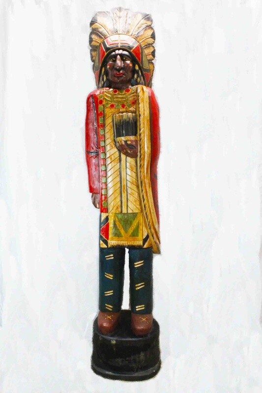 CIGAR STORE INDIAN STATUE HAND CARVED FROM FULL LOG AND HAND PAINTED ALBESIA WOOD 29026