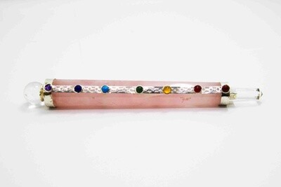 7 CHAKRA HEALING MAGIC WAND WITH CLEAR QUARTZ CRYSTAL TIP AND SPHERE ENDS AND FACETTED ROSE QUARTZ OR AMETHYST OR CLEAR QUARTZ BODY 14247