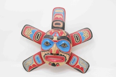NORTHWEST INDIAN STYLE SUN MASK OR FROG MASK OR BUTTERFLY MASK ASSORTED HAND CARVED AND PAINTED FROM JEMPINIS HARDWOOD 804