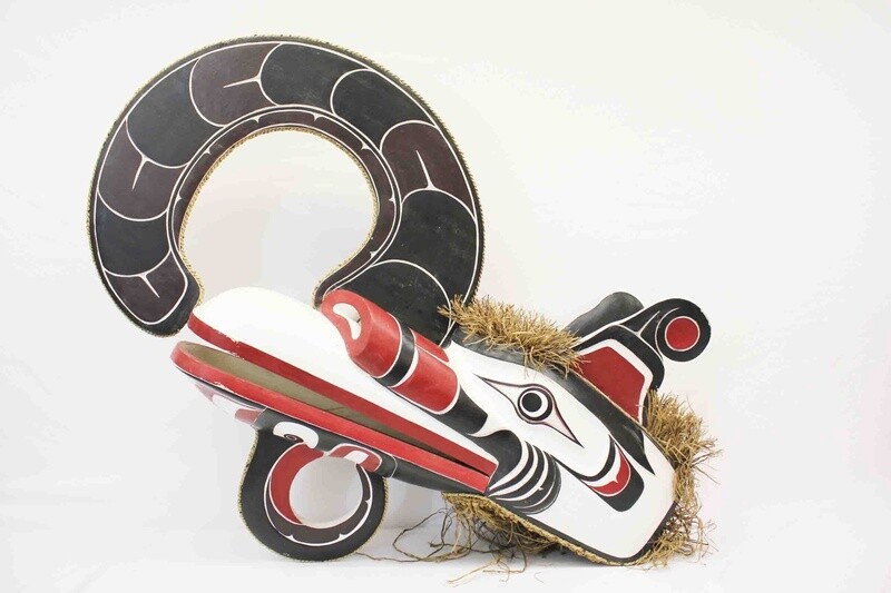 NORTHWEST INDIAN STYLE BIRD MASK WITH MOVING JAW HAND CARVED AND PAINTED FROM SUAR HARDWOOD. 1215