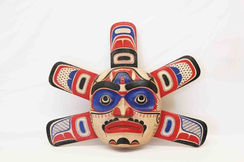 NORTHWEST INDIAN STYLE SUN MASK OR FROG MASK OR BUTTERFLY MASK ASSORTED HAND CARVED AND PAINTED FROM JEMPINIS HARDWOOD 804