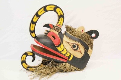 NORTHWEST INDIAN STYLE BIRD MASK WITH MOVEABLE JAW. HAND CARVED AND PAINTED FROM ALBESIA. KWAKAKUWA 1232