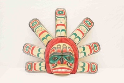 NORTHWEST INDIAN STYLE SETTING SUN MASK. HAND CARVED AND PAINTED FROM ALBESIA. 26343