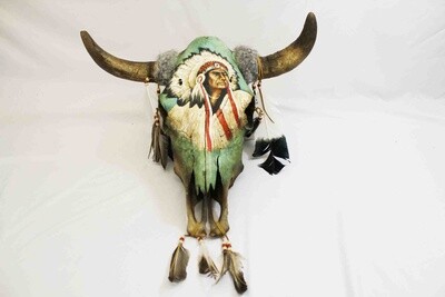 COW SKULL HAND PAINTED AND DECORATED WITH BEADS AND FEATHERS 383
