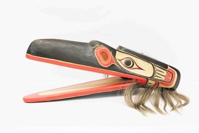 NORTHWEST INDIAN STYLE RAVEN HEAD MASK WITH MOVABLE JAW AND HAIR. HAND CARVED AND PAINTED ALBESIA WOOD. 20082