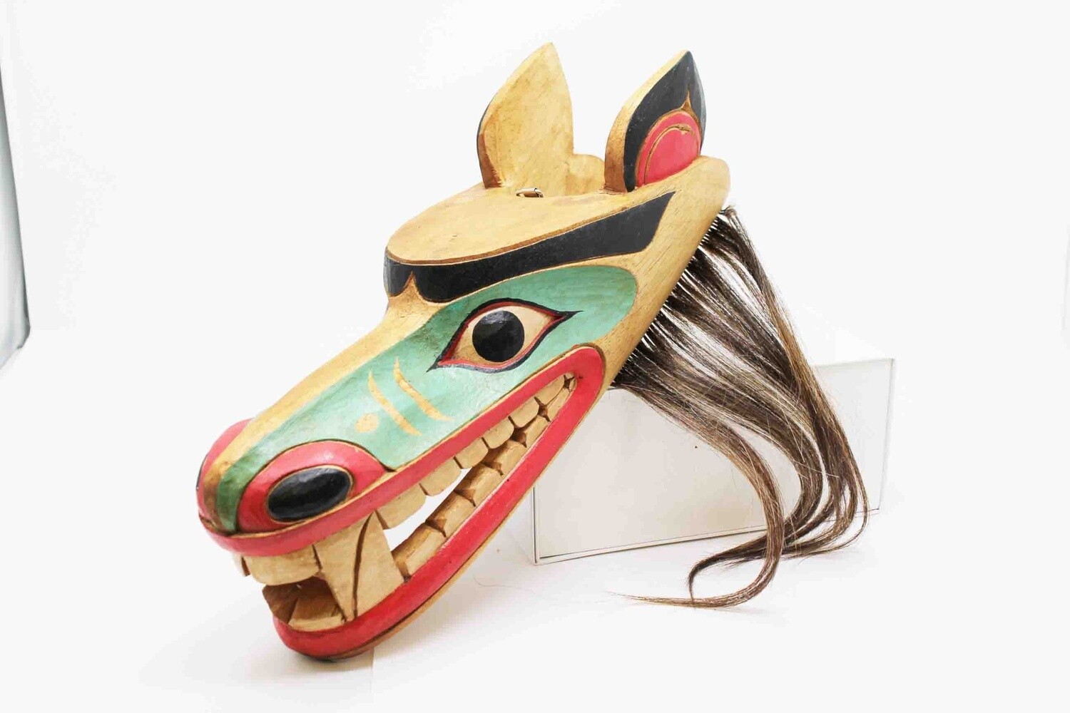 NORTHWEST INDIAN STYLE WOLF MASK. HAND CARVED AND PAINTED ALBESIA WOOD. 20083