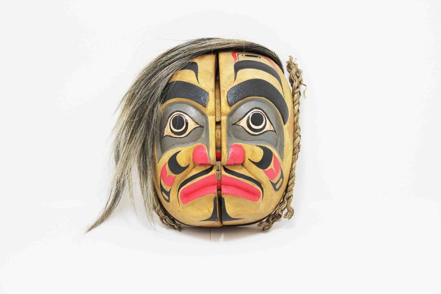 NORTHWEST INDIAN STYLE DOUBLE FACE MASK. HAND CARVED AND PAINTED ALBESIA WOOD. 20084