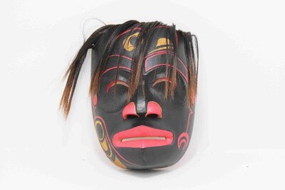 NORTHWEST INDIAN STYLE FACE MASK WITH RAVEN ON FACE IN WHITE MOON OR BLACK MOON. HAND CARVED AND PAINTED ALBESIA WOOD 20085