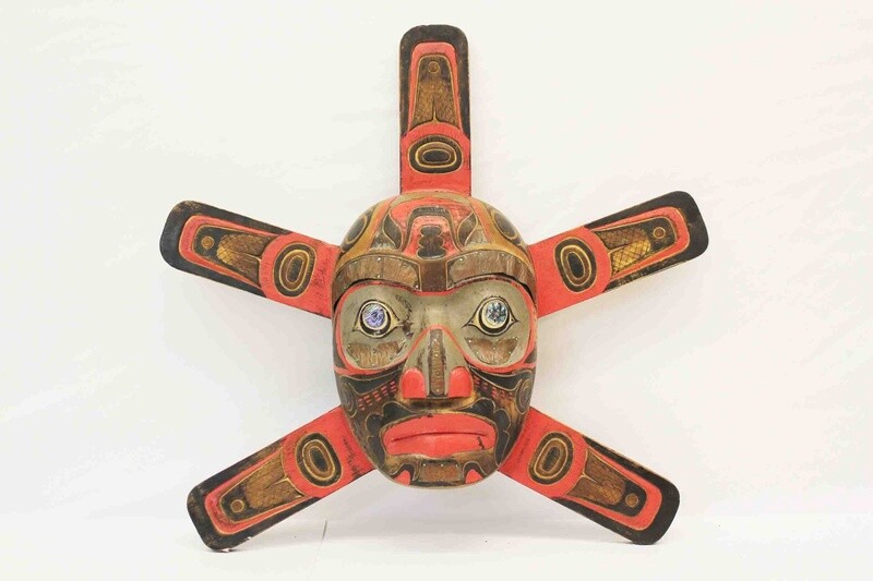 NORTHWEST INDIAN STYLE SUN MASK WITH COPPER AND ABALONE SHELL ACCENTS HAND CARVED AND PAINTED 20094