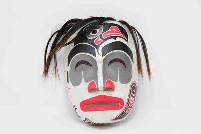NORTHWEST INDIAN STYLE FACE MASK WITH RAVEN ON FACE IN WHITE MOON OR BLACK MOON. HAND CARVED AND PAINTED ALBESIA WOOD 20085