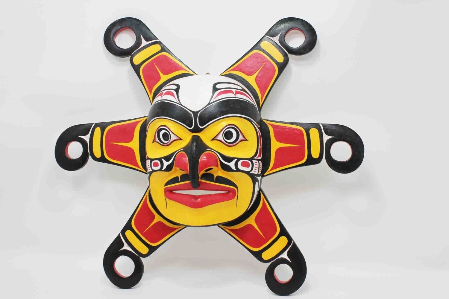 NORTHWEST INDIAN STYLE SUN SETTING OR FULL SUN MASK. HAND CARVED AND PAINTED ALBESIA WOOD. 20090