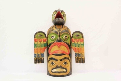 NORTHWEST INDIAN STYLE RAVEN MASK WITH 3 HEADS. HAND CARVED AND PAINTED ALBESIA WOOD. 20098