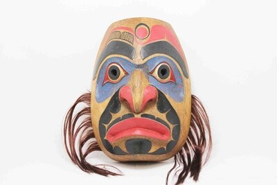 NORTHWEST INDIAN STYLE SERIOUS OR SAD FACE MAN MASK WITH HAIR. HAND CARVED AND PAINTED 28983