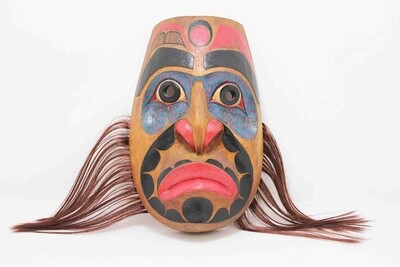NORTHWEST INDIAN STYLE SERIOUS OR SAD FACE MAN MASK WITH HAIR. HAND CARVED AND PAINTED 28983
