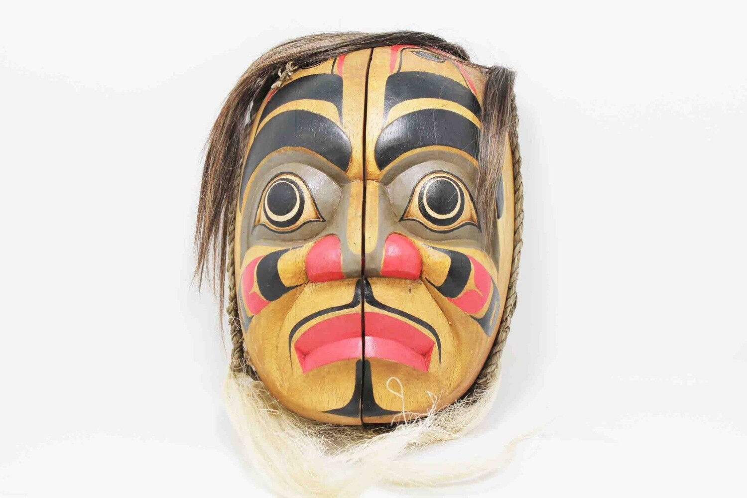 NORTHWEST INDIAN STYLE DOUBLE FACE MASK WITH HAIR. HAND CARVED AND PAINTED ALBESIA WOOD 29040